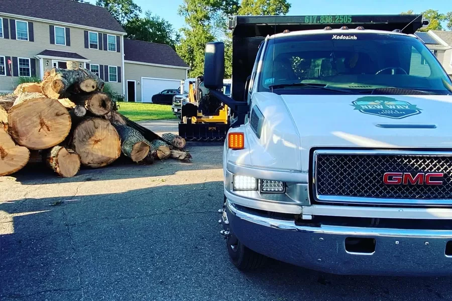 New Way Tree & Landscape truck and a pile of wood logs